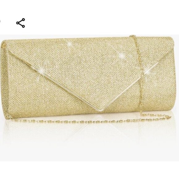 Women's Gold  Clutch Purses Sparkling Envelope Evening Bag Detachable Chain - Picture 2 of 9